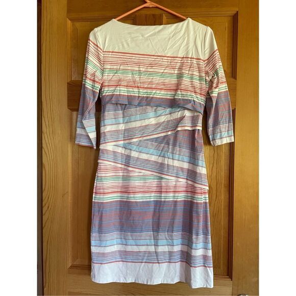 J. McLaughlin White and Pink Sheath Dress 3/4 Sleeve Bateau Neckline - Picture 3 of 3